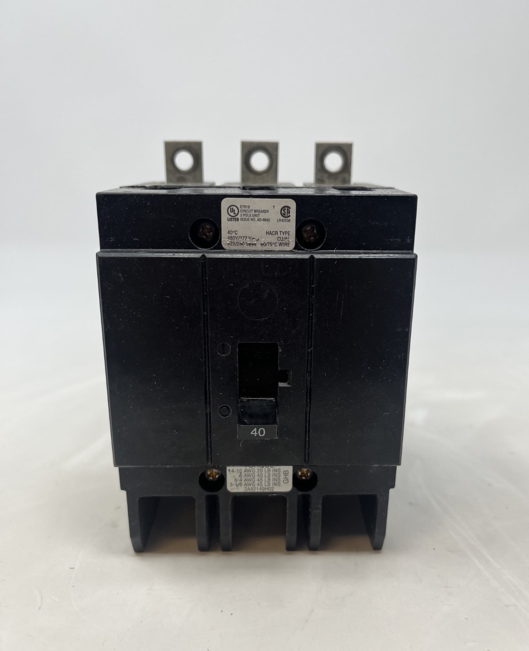 GHB3040 EATON BOLT ON CIRCUIT BREAKER 40AMPS 3POLE 277480VAC 14KAIC